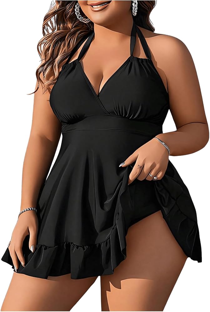 SOLY HUX Women's Plus Size Two Piece Swimsuit Ruffle Hem Halter Swim Dress Tankini Bathing Suit with Bottom