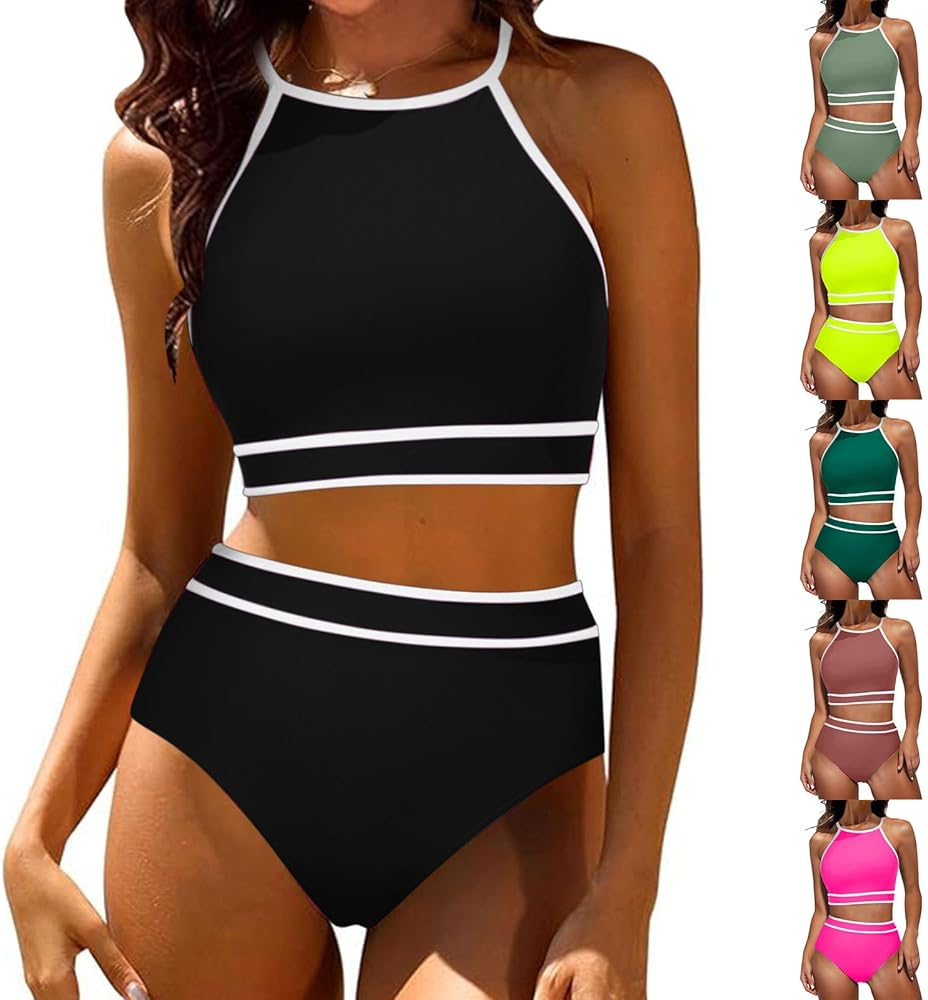 Women 2024 Summer Sexy Bikini Sets Two Piece High Waisted Bathing Suits Tummy Control High Cut Color Block Swimsuits