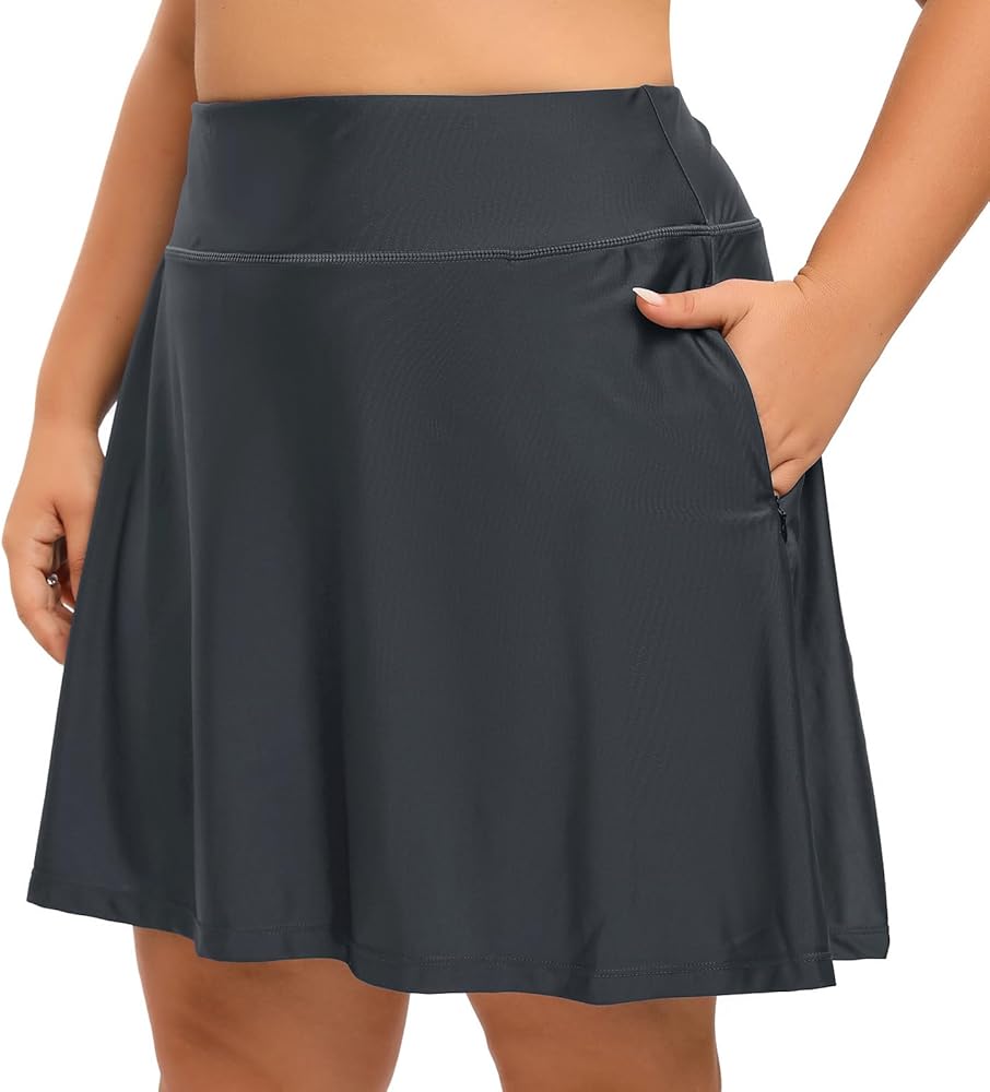 Women Plus Size Swim Skirt with Shorts High Waisted Swimming Skort Bathing Suit Skirts Bottoms Zipper Pockets