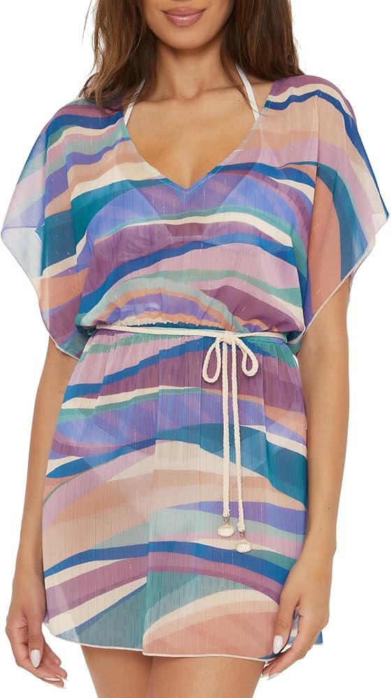 Becca by Rebecca Virtue Women's Standard Sound Waves Tunic, Plung V-Neck, Beach Cover Ups, Multicolor