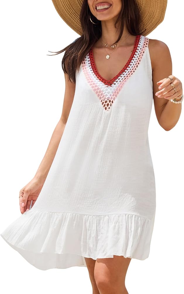 CUPSHE Women's Swimsuit Sleeveless Coverup Dress Crochet V Neck Ruffle Hem Casual Beach Mini Dress