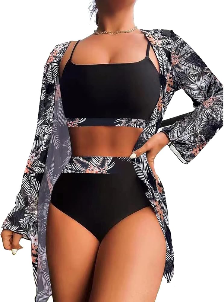 Women's 3 Piece Outfits Set Floral Blouse Bandeau Bikini Swimsuit w/Mesh Cover Ups High Waist Bathing Suit Summer Beachwear