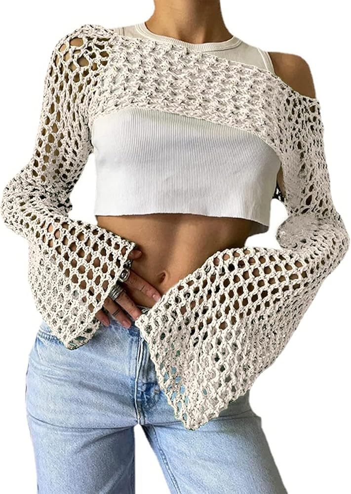 Womens Hollow Out Crochet Crop Top Long Sleeve Y2k Knit Sweater Bikini See Through Cover Ups