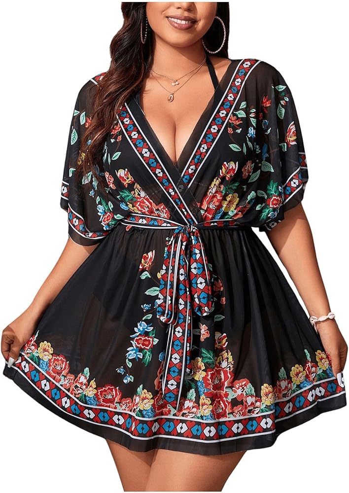 WDIRARA Women's Plus Size Swimwear Floral Print Deep V Neck Belted Cover Up Mesh Beach Dress