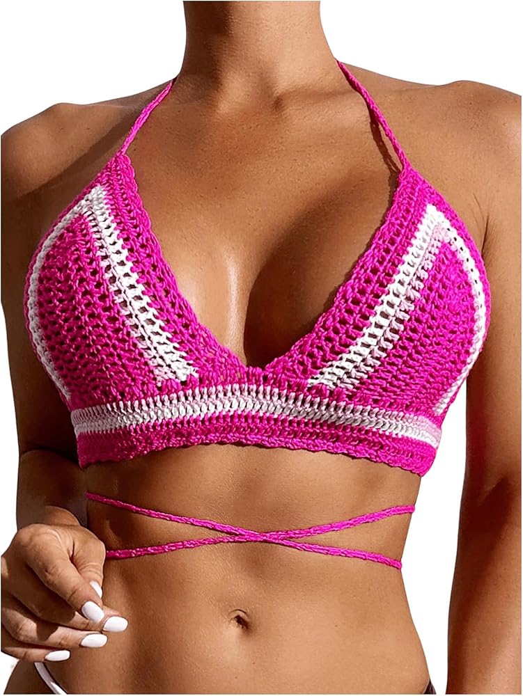 Milumia Women's Boho Striped Crochet Knit Swim Cover Ups Top Tie Back Halter Coverup Hot Pink Large