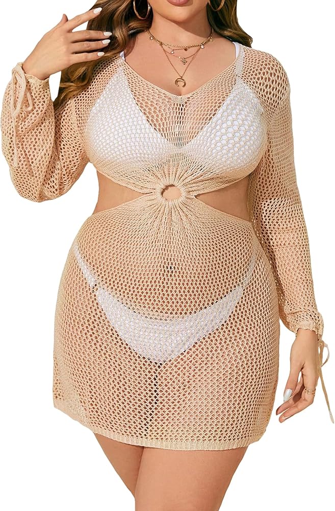 GORGLITTER Women's Plus Cut Out Knit Cover Up Dress Ring Linked Long Sleeve Bathing Suit Cover Ups