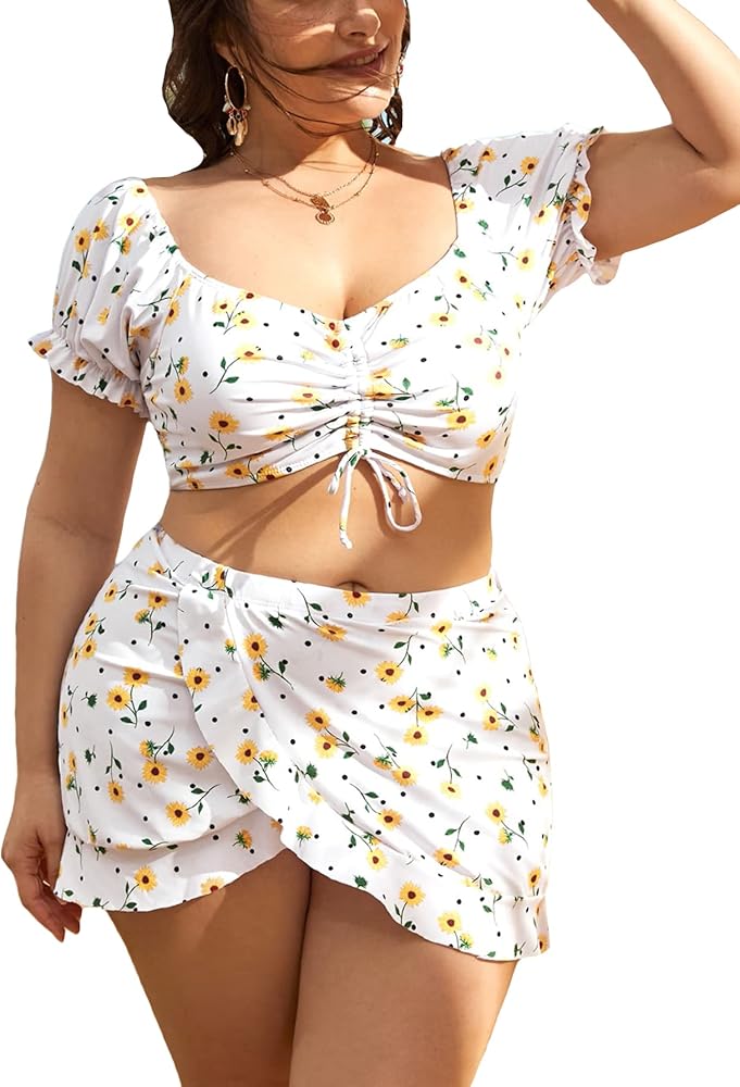 MakeMeChic Women's Plus Size 3 Piece Floral Drawstring High Waisted Bikini with Cover Up Skirt Set Puff Sleeve Swimsuit