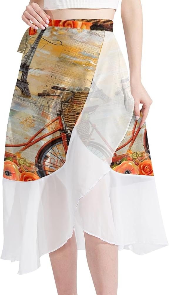 Cover Up Skirt, Women Beach Sarong, Chiffon Cover Ups for Swimwear, Retro Paris Flower Bicycle Vintage Eiffel Tower