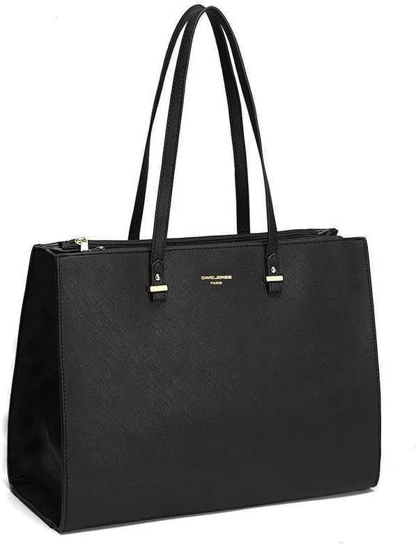 David Jones - Bolso de Mano Trabajo Mujer - Shopper Tote Bag PU Piel - Grande Bolso Bandolera Hombro Cuero Asa Larga - Maletines A4 Diario Vida Mensajero Oficina Escuela Gran Tamaño - Negro