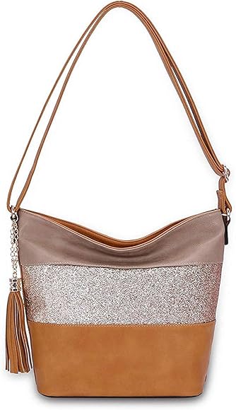 CRAZYCHIC - Bolso Bandolera Lentejuelas Mujer - Bolsos Hombro Cuero PU - Crossbody Messenger Multicolor Rayas - Bolso del Cubo - Cartera de Mano Fiesta Noche Elegante Moda - Camel