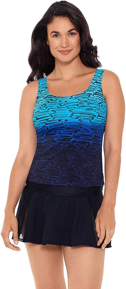 Reebok Women's Swimwear Sport Fashion Stacked to The Max Scoop Neck Soft Cup Tankini Top Bathing Suit