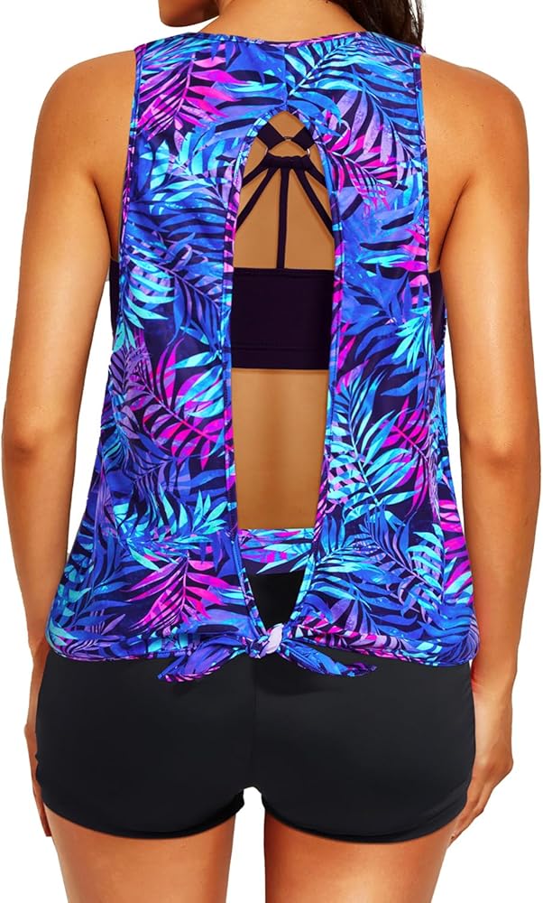 Aqua Eve 3 Piece Tankini Swimsuit for Women Tank Bathing Suit with Shorts Open Back Athletic Swimwear