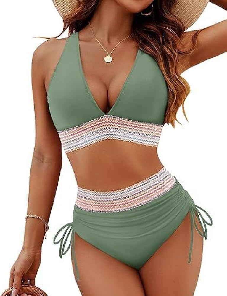 2024 Women's High Waisted Sexy Swimsuits Bikini Sets, Tummy Control V Neck Drawstring (Army Green,Small)