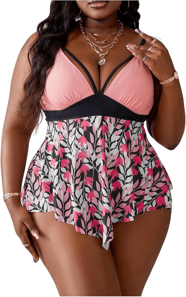 MakeMeChic Women's Plus Size Tankini Swimsuits Colorblock Floral Two Piece Ruffled High Waisted Bathing Suit