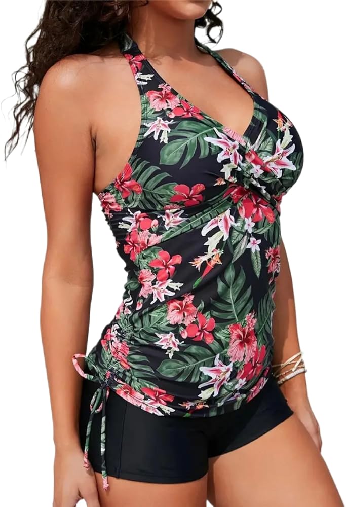 Women's Floral Print Tankini Set Halter Top Boy Shorts Black Red White Small