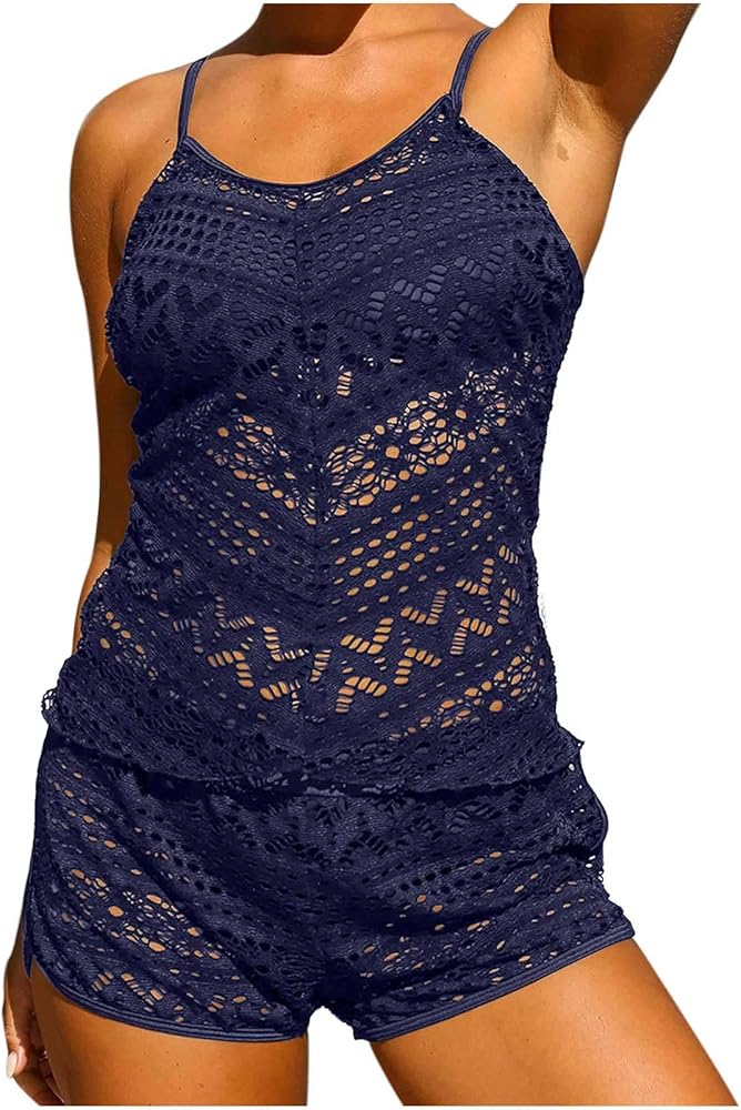 Women Modest Tankini Swimsuits 2 Piece Bathing Suit Sexy Lace Floral Crochet Tank Top with Boyshorts Swim Outfits