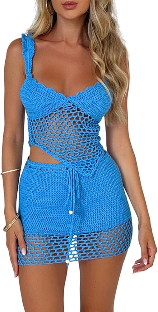 Karwuiio Women's Sexy Crochet Sets 2 Piece Skirt Set Swimsuit Hollow Out Knit Beach Cover Ups Set