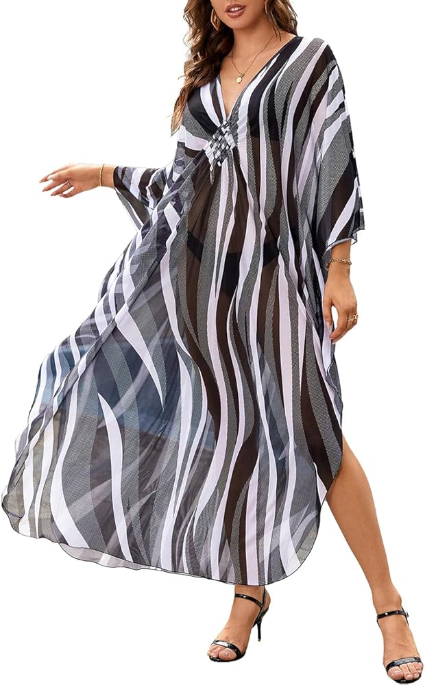 Eddoyee Bathing Suit Cover Ups for Women Floral Print Kaftan Dresses Plus Size Beach Coverup V-Neck Side Split Caftans