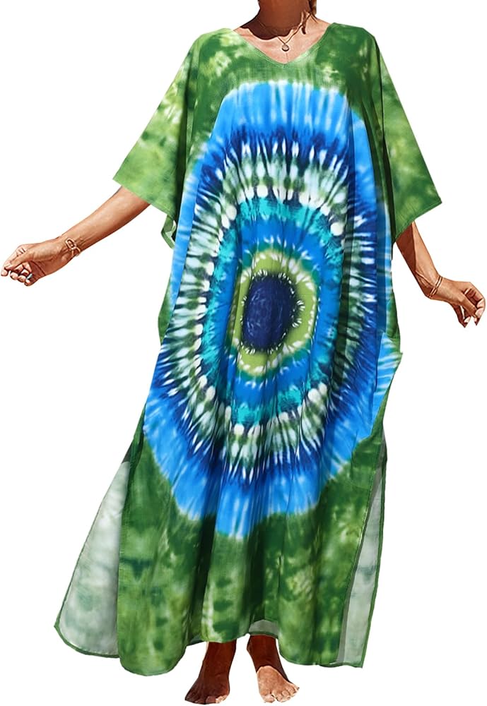 Beach Kaftan Dresses Plus Size Maxi Dress Lightweight Boho Swim Cover Up Tie Dye Cotton Caftans Dress for Women