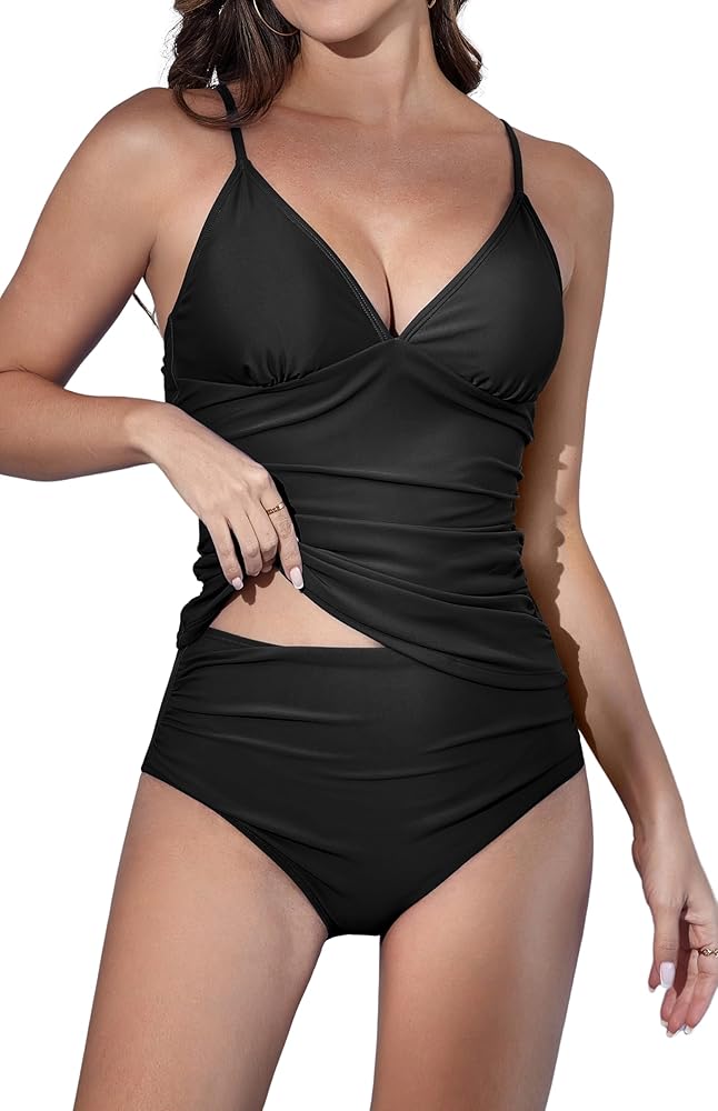 B2prity Women Tankini Swimsuits V Neck Ruched Tankini Top Tummy Control Two Piece Bathing Suit