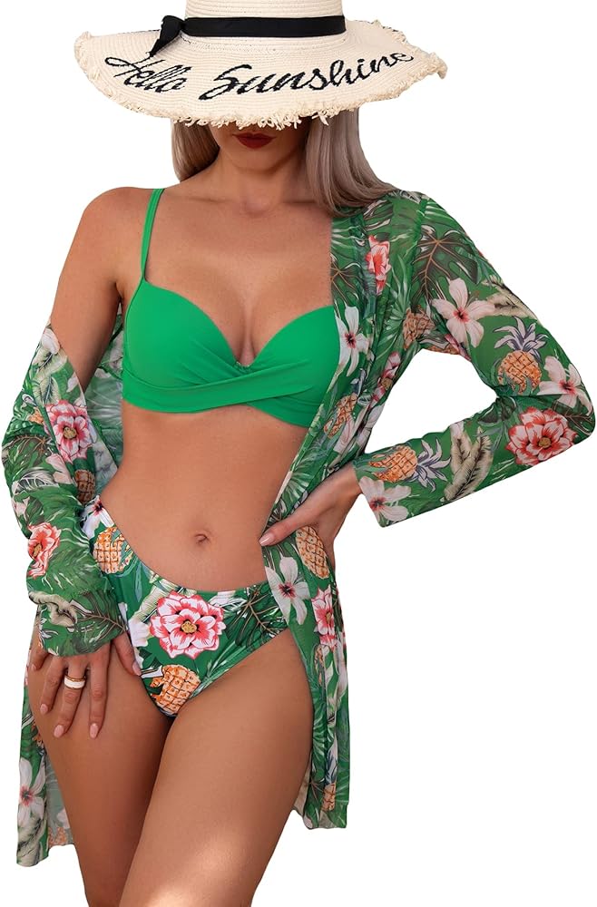 MakeMeChic Women's 3 Piece Bathing Suit Tropical Push Up Bikini Swimsuit with Kimono Cover Up