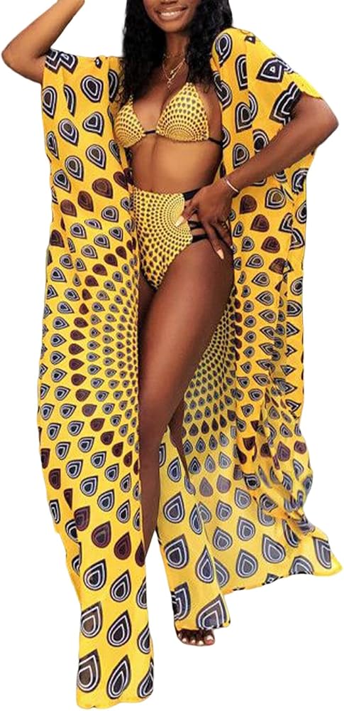 Summer 3 Piece Swimsuits for Women African Print Beach Cover Up Triangle Bikini Top Bathing Suit