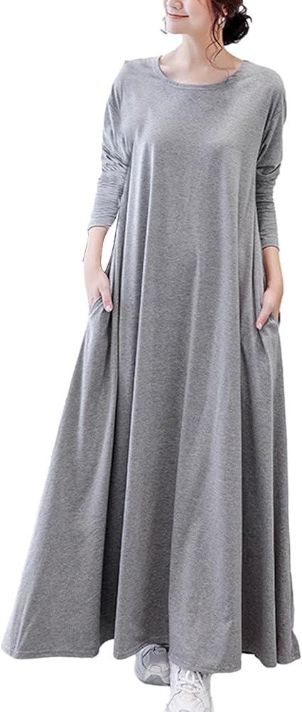 Women's Retro Kaftan Muslim Abaya Dress Long Sleeve Crew Neck Swing Maxi Dress Islamic Arab Jilbab with Pockets