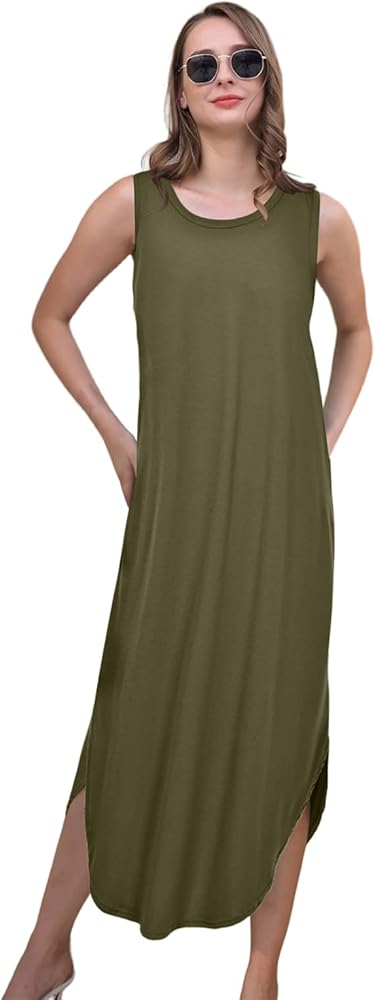 Women's 2024 Summer Casual Dresses Loose Long Beach Dress Sleveless Split Maxi Sundress Plus Size with Pockets