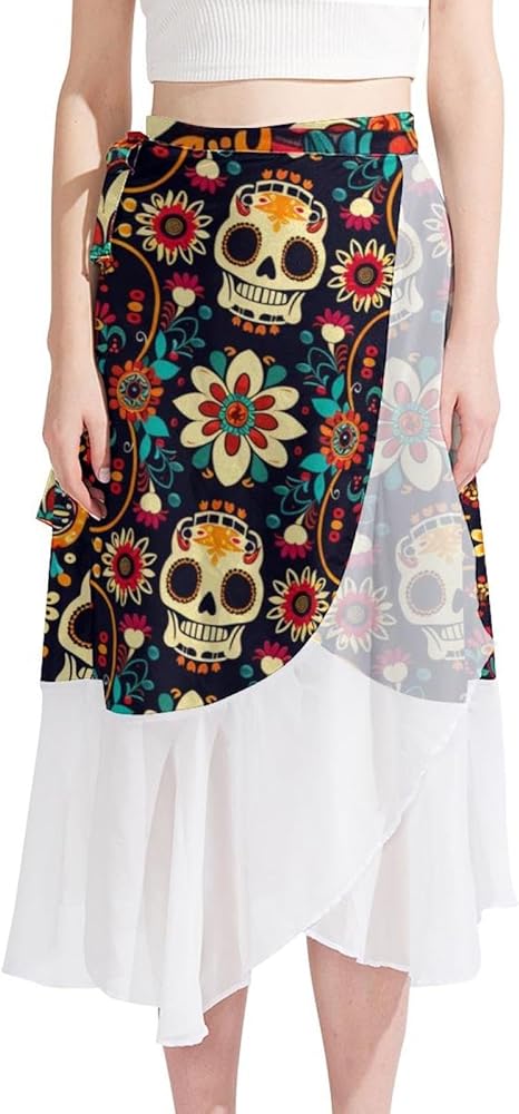 Beach Skirt, Women Beach Sarong, Chiffon Cover Ups for Swimwear, Colorful Flower Sugar Skull