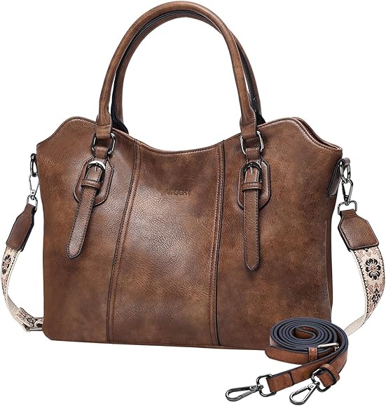 VASCHY Bolso Tote Mujer, Bolso Universidad Cuero Bolso Bandolera Grande Bolso de Hombro Casual Bolso Profesor Vintage Bolso de Mano Bolso Portatil con Guitarra Correa para Diario Trabajo Viaje Shopper