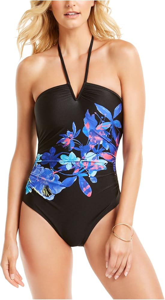 Calvin Klein Women's Black Floral Removable Cups V-Wire Halter Tankini Swimsuit Top 14