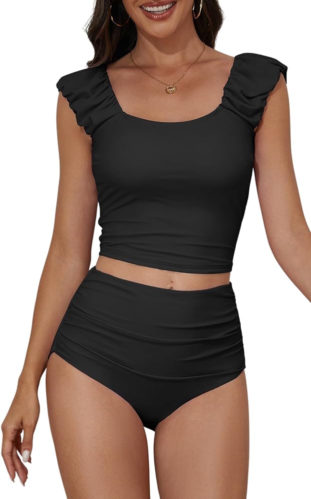 Eomenie Tankini Swimsuits for Women Ruched Tummy Control Bathing Suit Two Piece Swim Tank Top with High Waisted Bottom