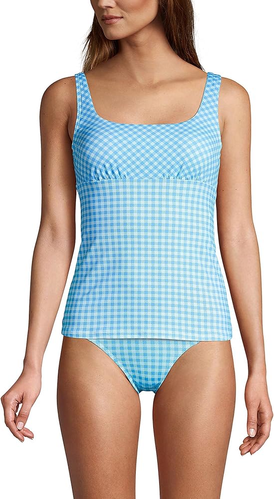 Lands' End Womens Chlorine Resistant Square Neck Tankini Top Control Paradise Aqua Gingham Regular 14