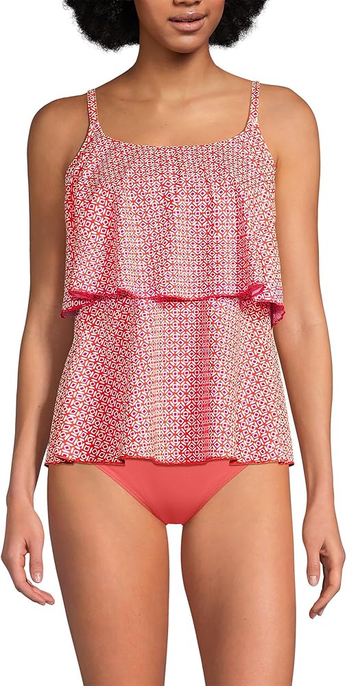 Lands' End Womens Chlorine Resistant Scoop Neck Tiered Tankini Top Living Coral Geo Regular X-Small