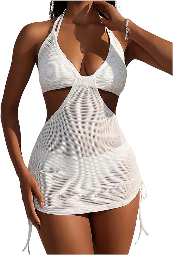 Women's Sheer Mesh Cut Out Bathing Suit Cover Up Bodycon Dress Backless Drawstring Halter Swim Cover Ups