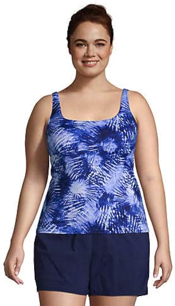 Lands' End Womens Chlorine Resistant Square Neck Tankini Top Deep Sea Navy Tie Dye Palm Plus 24w