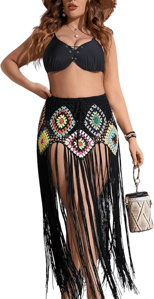 Women's Plus Size Floral Print Crochet Fringe Hem Oversized Swimwear Beachwear Cover Up Long Skirt