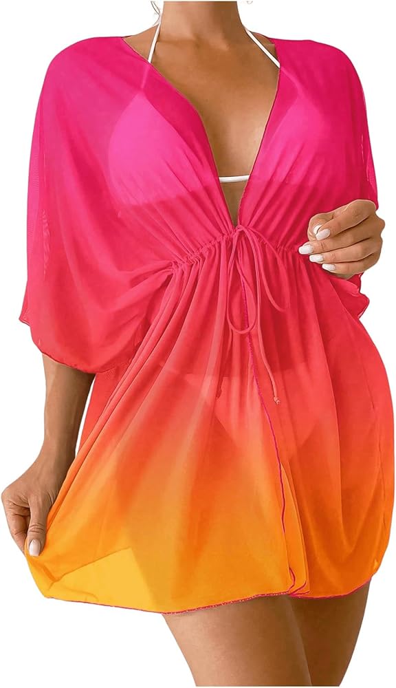 MakeMeChic Women's Ombre Swimsuit Cover Up V Neck Half Sleeve Drawstring Kimono Bathing Suit