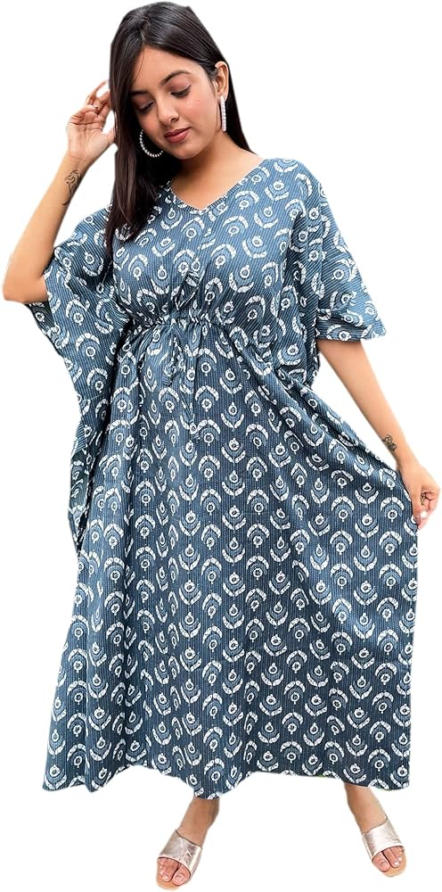 Designer Pure Hand Block Sanganeri Shibori Print Kaftan Length 52 inch Free Size for Women and Ladies_KAF-060 - (Blue)