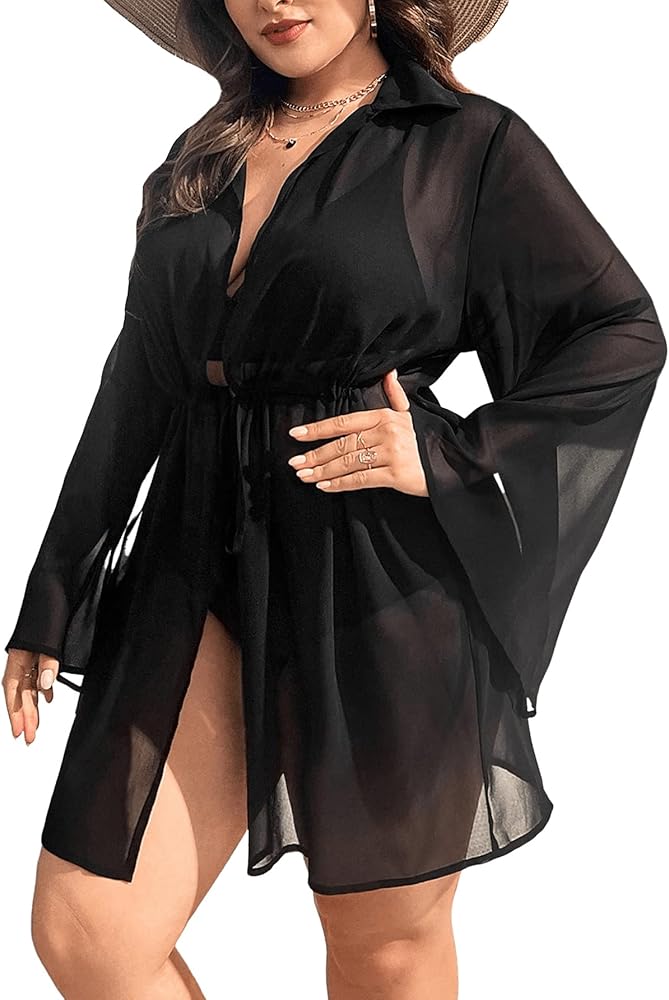 Floerns Women's Plus Size Knot Front Long Sleeve Swimwear Kimono Beach Cover Up