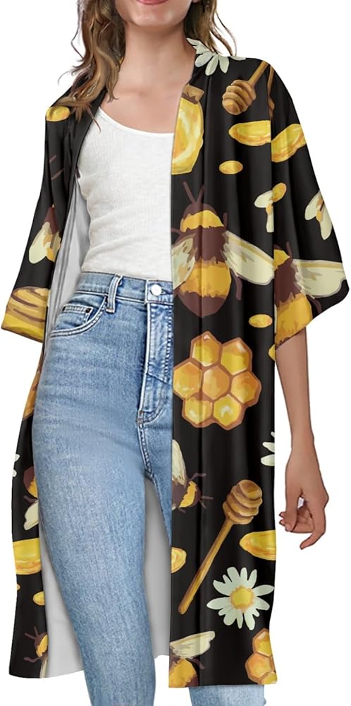 Lemon Print Women Loose Open Front 3/4 Sleeve Long Kimono Cardigan Beach Cover up Plus Size Swimwear Cover Up