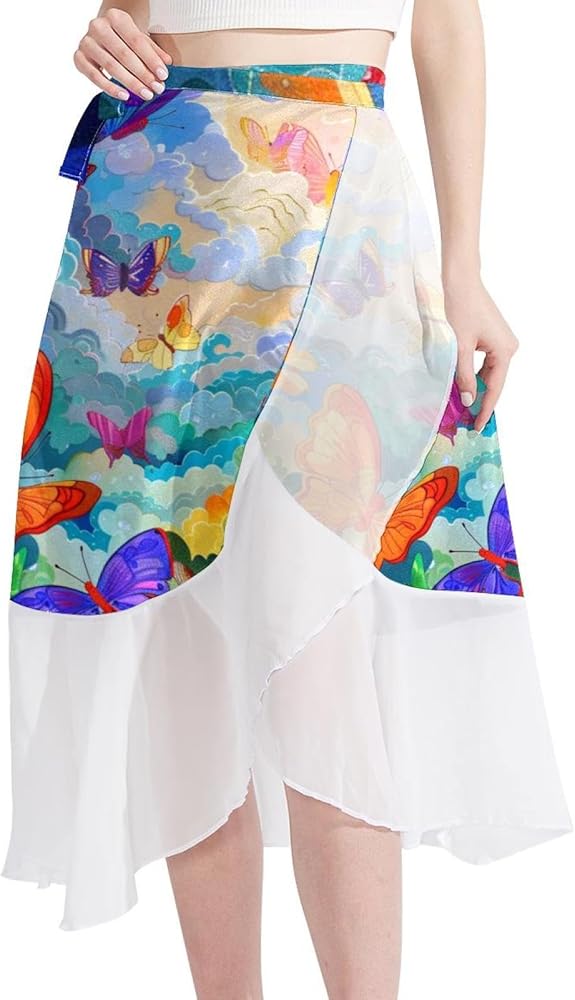 Beach Skirts for Women, Women Beach Sarong, Semi-Sheer Swimwear Cover Ups, Painting Colored Butterflies Spring Multicolor