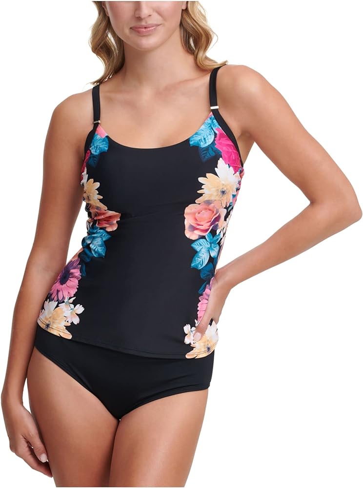 Calvin Klein Women's Black Floral Stretch Scoop Neck Removable Cups Adjustable Tankini Swimsuit Top S