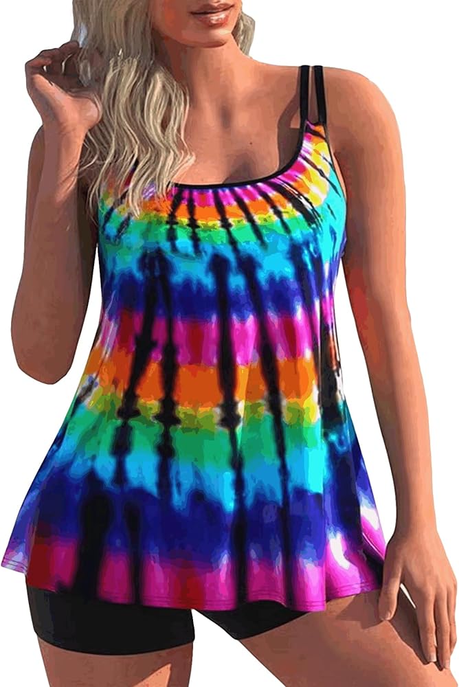 MakeMeChic Women's Plus Size Tankini Bathing Suits Tropical Swim Tank Top with Boyshorts 2 Piece Swimsuit Rainbow X-Large Plus