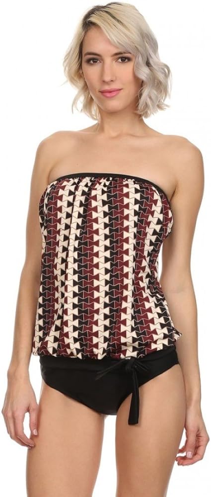 2 PC. Ladies Houndstooth Blouson Top Swimsuit Set