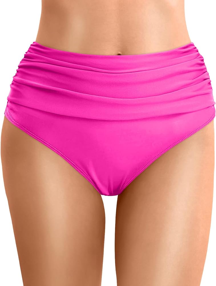 Women's High Waisted Bikini Bottoms Ruched Tummy Control Swimsuits Bottoms Full Coverage Retro Sports Boyshorts