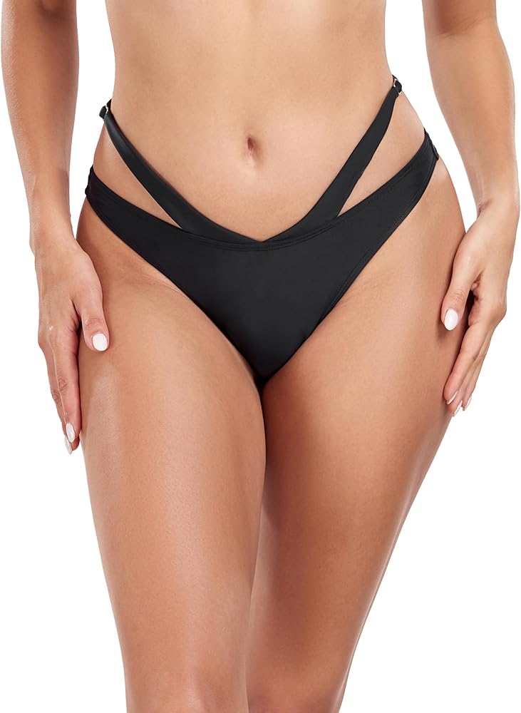 Women's Adjustable Swim Bottoms High Cut Low Waisted Bikini Bottoms Cheeky Bathing Suit Bottoms