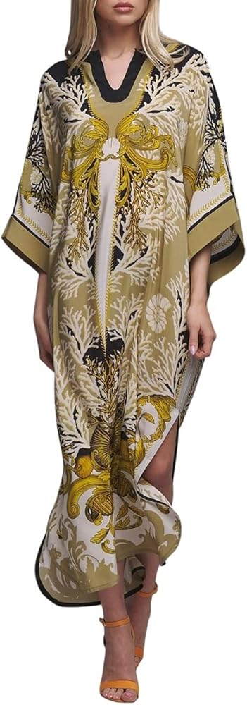 Bsubseach Kaftan Dresses for Women Plus Size Fall Maxi Dress Summer Caftans Beach Coverup Bikini Cover Up Light Brown