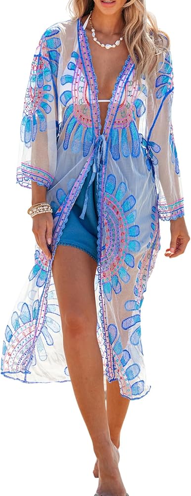 CUPSHE Women's Floral Kimono Coverups Lace Sheer Open Front Tie Waist Bathing Suits Cover Up 2024 Beachwear