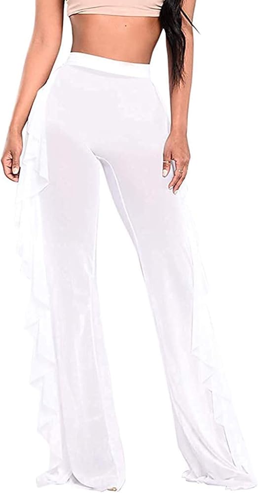 Women Swimsuit Cover Up Pants Mesh Ruffle Bottom Perspective Clubwear